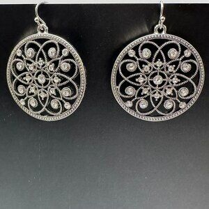 3/$30 Silver Tone Round Floral Filigree Dangle Earrings Clear Rhinestone 1.5"